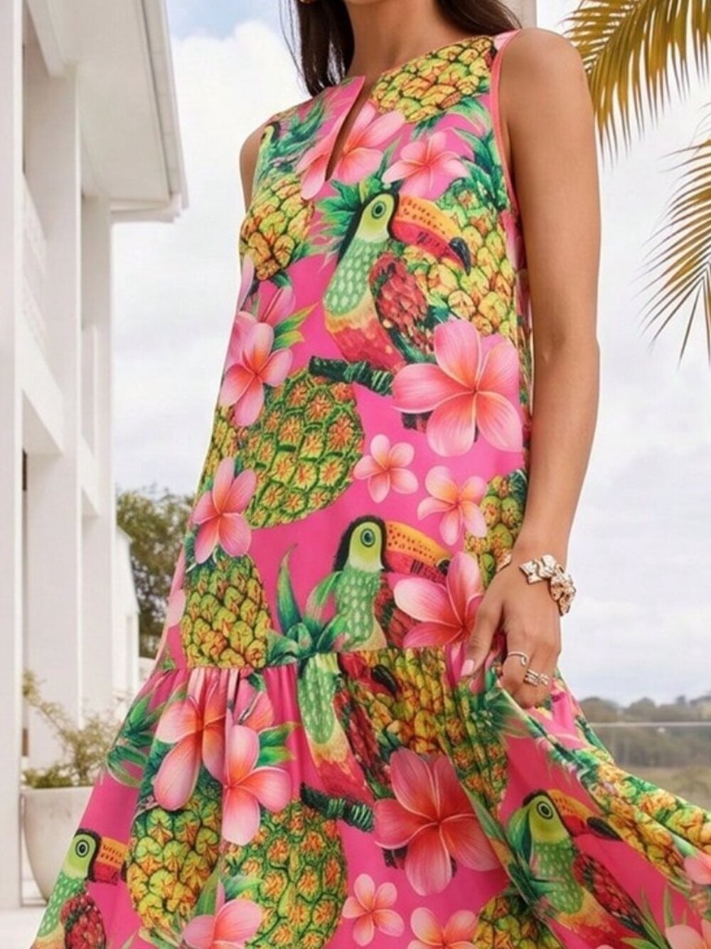 Multicolor Boho Women's Pineapple Bird Tropical Print Neck Slit Maxi Dress - Picture 2 of 2